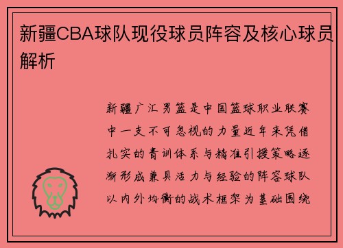 新疆CBA球队现役球员阵容及核心球员解析